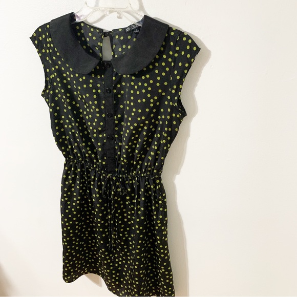BeBop Polka Dot Pattern Peter Pan Collar Dress Back Key Hole Elastic Waist 🖤💚 - Picture 2 of 11